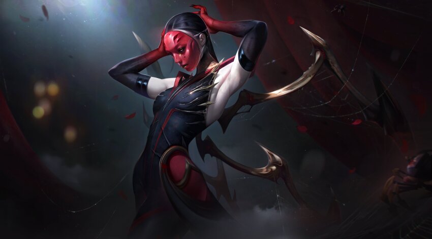 1girl absurdres armpits arms_up arthropod_girl black_hair breasts claws detached_sleeves elise_(league_of_legends) glowing glowing_eyes highres insect_girl league_of_legends mask masque_of_the_black_rose_elise masquerade_mask medium_breasts official_art pale_skin red_eyes silk sleeveless solo spider_girl spider_web straight_hair terrycantal toned toned_female