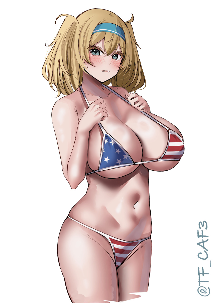 1girl absurdres american_flag american_flag_print bikini blonde_hair blue_eyes blush breasts cowboy_shot flag_print gambier_bay_(kancolle) hairband highres kantai_collection large_breasts long_hair looking_at_viewer open_mouth simple_background solo swimsuit tf_cafe twintails twitter_username white_background