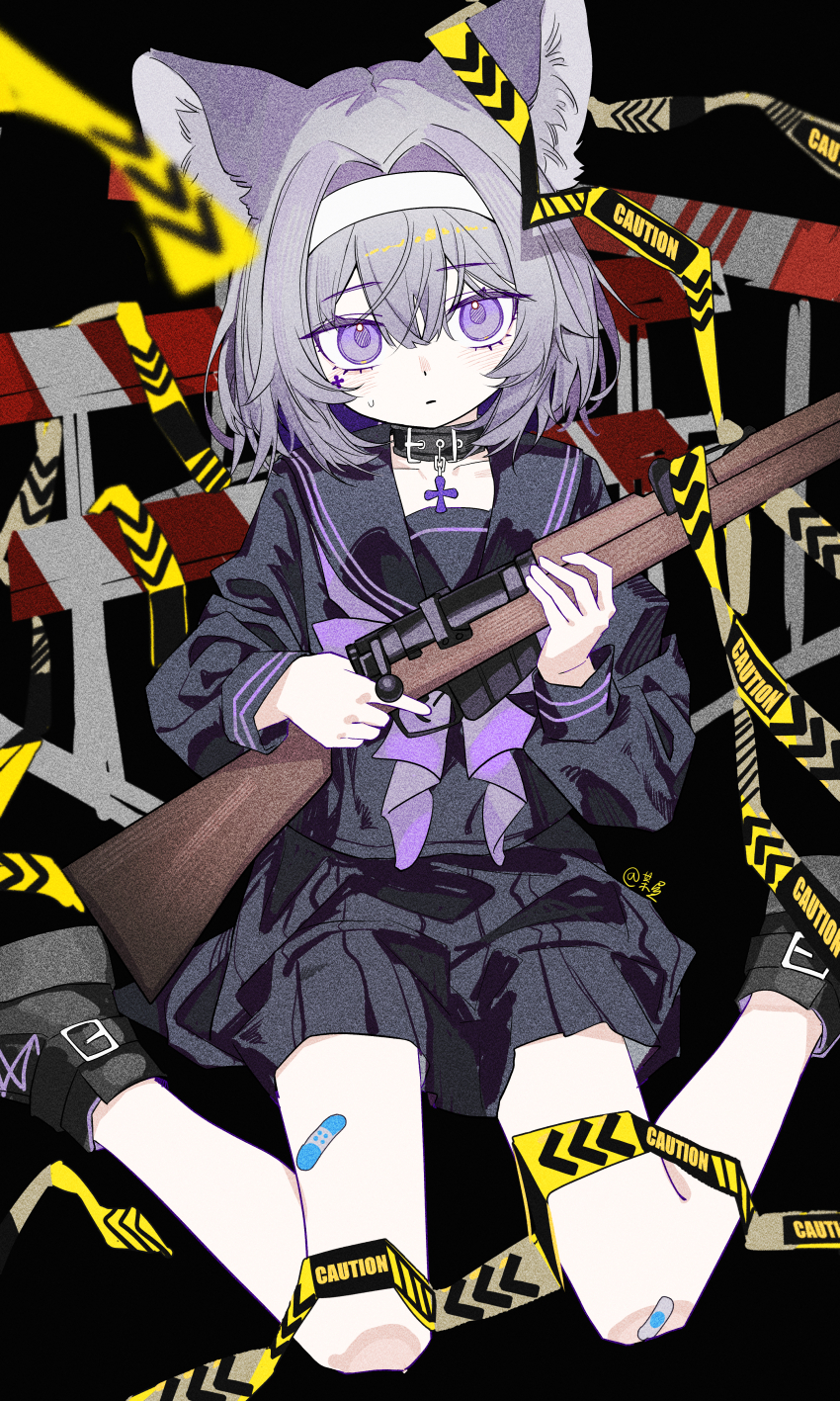 1cyaya1 1girl absurdres animal_ears belt_collar black_footwear black_sailor_collar black_shirt black_skirt cat_ears cat_girl collar grey_hair gun hair_between_eyes hairband highres holding holding_gun holding_weapon long_sleeves looking_at_viewer neckerchief original purple_eyes purple_neckerchief rifle sailor_collar school_uniform shirt short_hair sidelocks sign sitting skirt solo wariza warning_sign weapon white_hairband