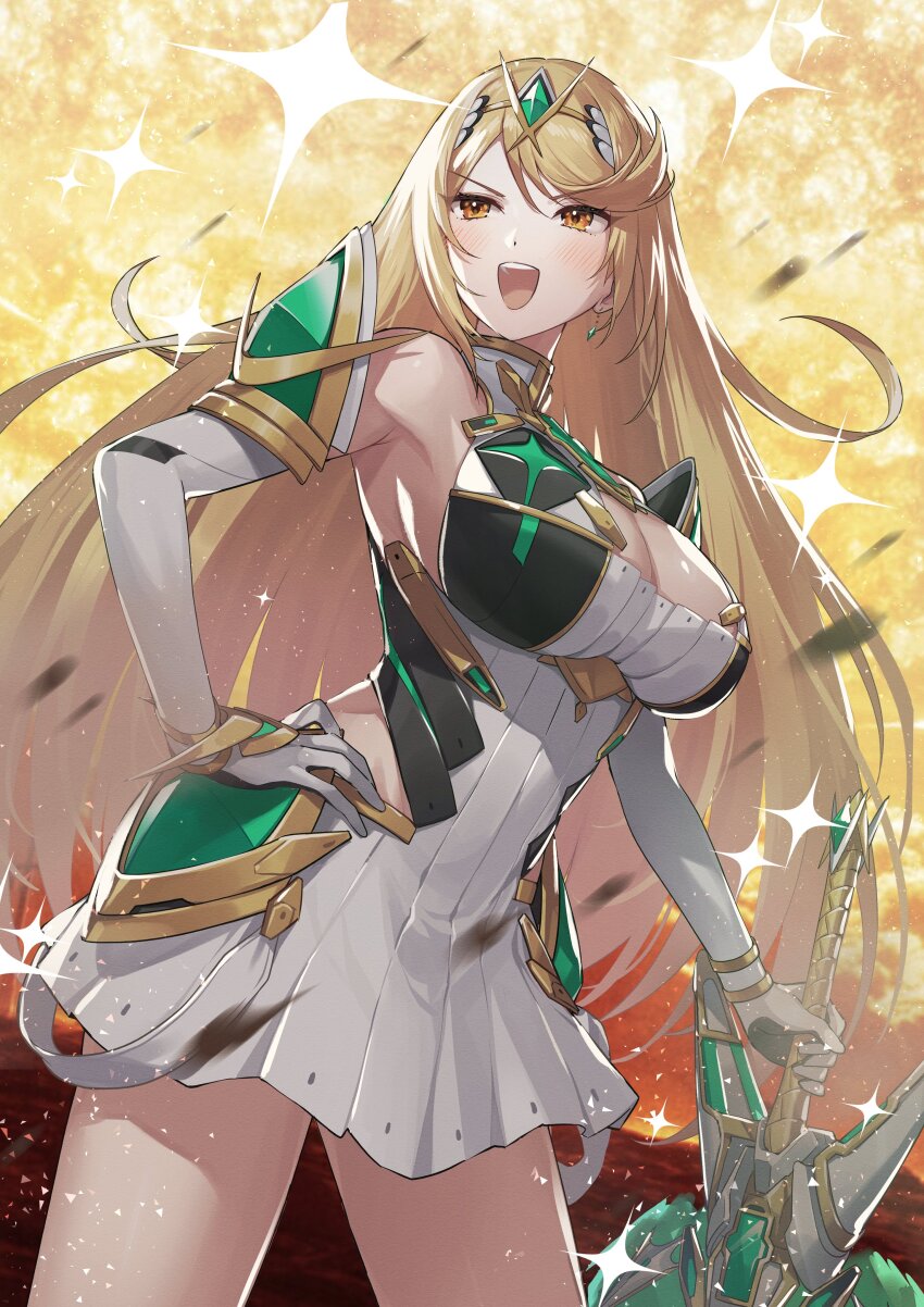 absurdres aegis_sword_(xenoblade) blonde_hair breasts cleavage green322 highres large_breasts long_hair mythra_(xenoblade) very_long_hair xenoblade_chronicles_(series) xenoblade_chronicles_2