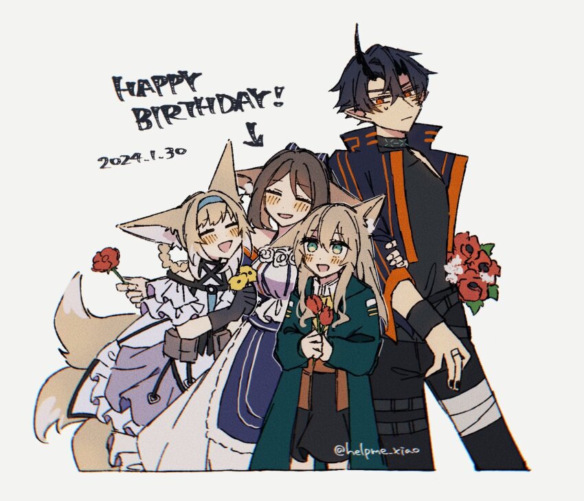 1boy 3girls :d animal_ears arknights artist_name black_hair blonde_hair blue_eyes blush brown_hair closed_eyes closed_mouth commentary dated demon_boy demon_horns dog_ears dog_girl flamebringer_(arknights) flower fox_ears fox_girl fox_tail hair_between_eyes happy_birthday highres holding holding_flower horns infection_monitor_(arknights) kitsune kyuubi long_sleeves multiple_girls multiple_tails open_mouth perfumer_(arknights) podenco_(arknights) pointy_ears red_eyes ruozhe short_hair signature simple_background single_horn smile suzuran_(arknights) symbol-only_commentary tail twitter_username white_background