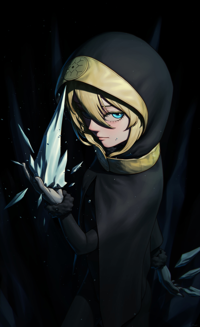 1girl absurdres black_cape black_pants black_shirt blonde_hair cape ellinyse fur_trim green_eyes hair_between_eyes hand_up highres hood hooded_cape ice magic pants shiny_clothes shirt shy_(series) solo sveta_(shy) wrist_cuffs