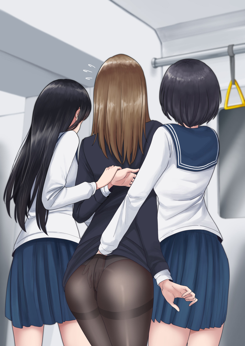 3girls absurdres aged_down arm_behind_back ass black_hair breasts brown_hair commission hand_under_clothes highres long_hair looking_back medium_hair molestation multiple_girls on_vehicle panties pantyhose school_uniform train underwear vehicle vehicle_interior white_panties yanx5 yuri