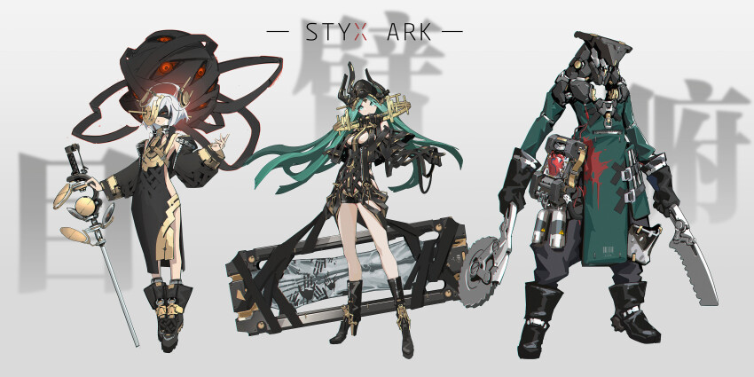 1boy 2girls absurdres boots breasts circular_saw detached_sleeves english_text flat_chest full_body green_eyes green_hair grey_background hat heart_(organ) high_heel_boots high_heels highres hirada_hirao hole_in_chest hole_on_body humanoid_robot long_hair looking_at_viewer medium_breasts multiple_girls original plantar_flexion red_eyes robot saw saw_cleaver short_hair short_shorts shorts standing very_long_hair very_short_hair white_hair