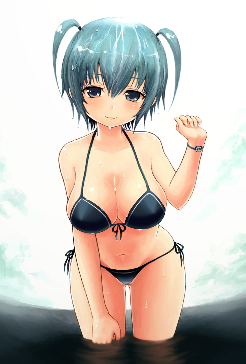 1girl bad_id bad_pixiv_id bikini black_bikini blue_eyes blue_hair blush bracelet breasts cleavage dripping female_focus highres hip_focus hiro1984 jewelry large_breasts leaning_forward looking_at_viewer matching_hair/eyes navel original shiny_skin short_hair short_twintails side-tie_bikini_bottom smile solo swimsuit twintails wading water wet wide_hips