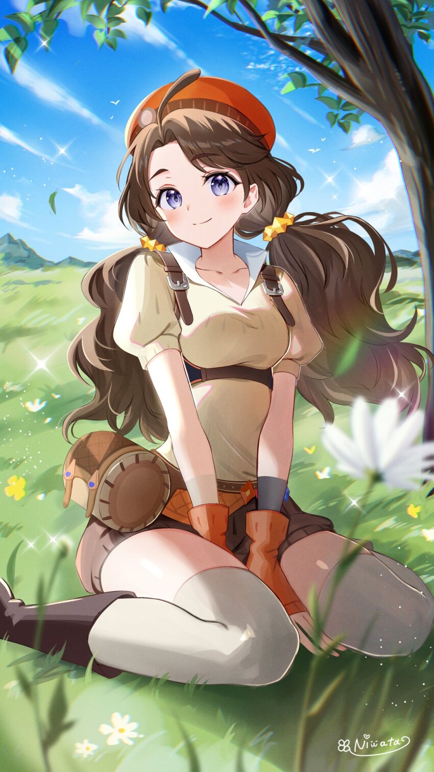 1girl afk_(series) afk_journey beret breasts brown_footwear brown_hair brown_shorts fay_(afk) grass hair_ornament hat highres low_twintails medium_breasts niwata0 on_grass orange_hat shirt shoes shorts solo thighhighs twintails white_thighhighs yellow_shirt