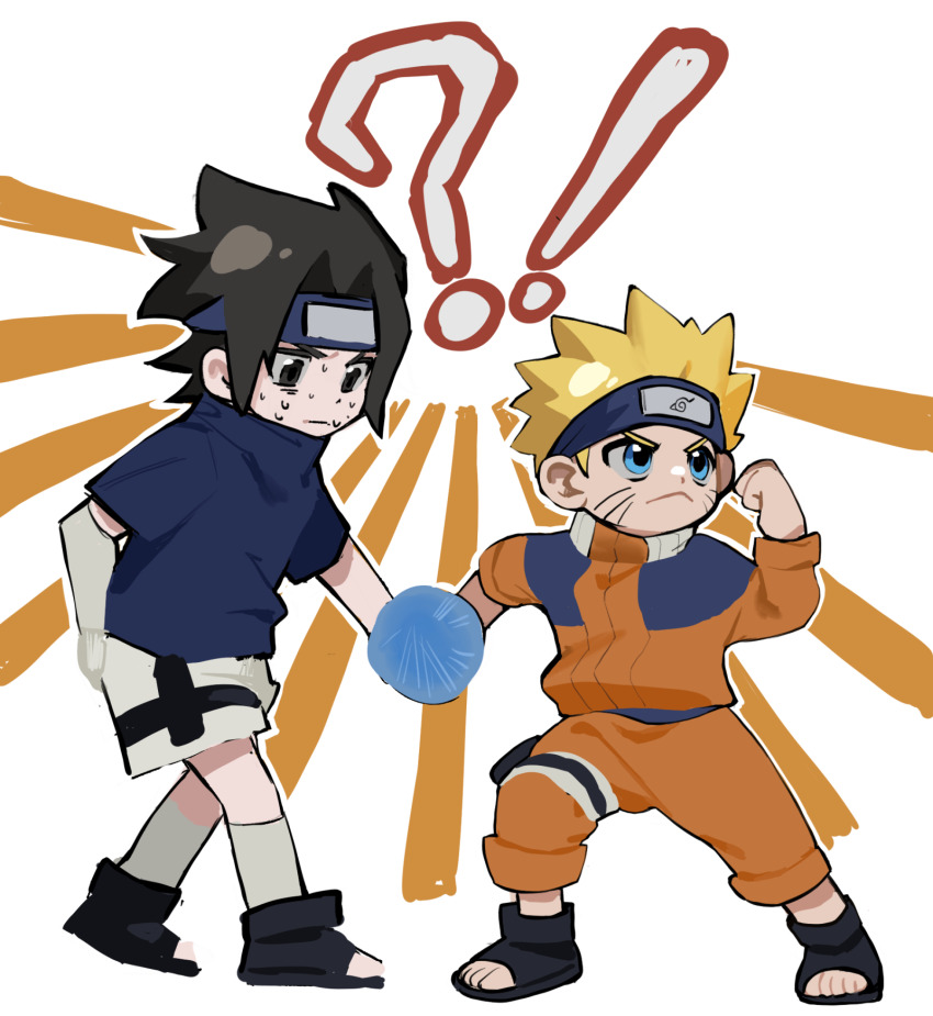 !? 2boys :&lt; black_footwear black_hair blonde_hair blue_eyes blue_headband blue_shirt chinese_commentary closed_mouth commentary_request elbow_gloves facepaint gloves headband highres jacket long_sleeves male_focus multiple_boys naruto naruto_(series) nervous_sweating orange_jacket orange_pants pants shirt short_hair short_sleeves shorts single_glove socks spiked_hair sweat uchiha_sasuke uzumaki_naruto v-shaped_eyebrows white_gloves white_shorts white_socks xie_youqing