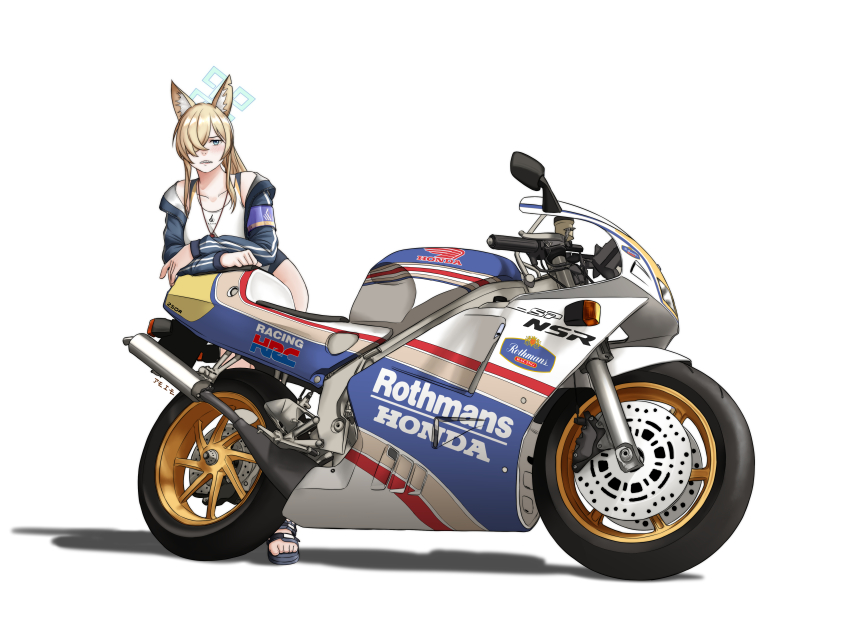 1girl absurdres amoemo blue_archive competition_swimsuit halo highres honda honda_nsr250r kanna_(blue_archive) kanna_(swimsuit)_(blue_archive) looking_at_viewer motor_vehicle motorcycle one-piece_swimsuit sandals solo swimsuit toeless_footwear vehicle_focus white_background