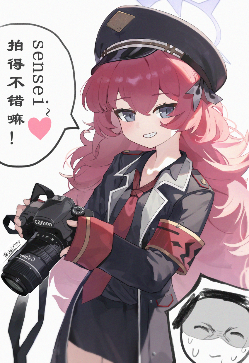 1girl absurdres armband black_jacket black_shirt black_skirt blue_archive blush camera canon_(company) chinese_commentary commentary_request cowboy_shot doodle_sensei_(blue_archive) grey_eyes grin halo hat highres holding holding_camera iroha_(blue_archive) jacket long_hair long_sleeves looking_at_viewer luo_shu necktie open_clothes open_jacket peaked_cap red_armband red_hair red_necktie sensei_(blue_archive) shirt simple_background skirt sleeves_past_wrists smile solo speech_bubble standing teeth translation_request very_long_hair white_background