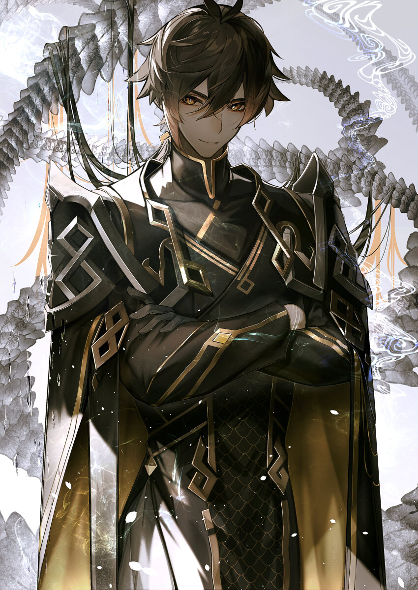 1boy absurdres antenna_hair armor black_gloves brown_eyes brown_hair changpao chinese_clothes crossed_arms eyeliner genshin_impact gloves gold_trim gradient_background gradient_hair grey_background hair_between_eyes hand_up highres kamino_eru long_hair long_sleeves looking_at_viewer low_ponytail makeup male_focus mandarin_collar multicolored_hair official_alternate_costume pauldrons ponytail red_eyeliner shoulder_armor smile solo white_background zhongli_(genshin_impact) zhongli_(lantern_rite)_(genshin_impact)