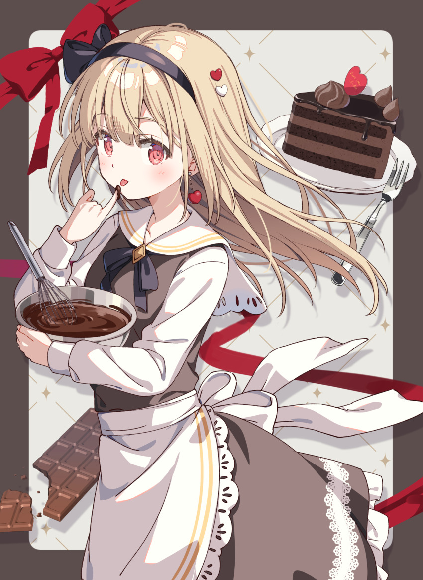 1girl apron black_ribbon blonde_hair border bowl brown_border brown_dress cake chocolate chocolate_cake dress earrings food heart heart_earrings highres holding holding_bowl jewelry licking licking_finger long_hair long_sleeves looking_at_viewer neck_ribbon original red_eyes red_ribbon ribbon solo upper_body waist_apron whisk white_apron zoirun