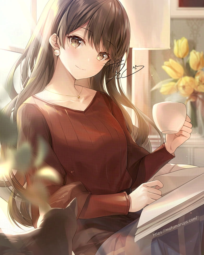 1girl absurdres animal black_cat black_hair blurry blurry_background blurry_foreground breasts brown_hair brown_sweater cat closed_mouth commentary cup depth_of_field english_commentary flower head_tilt highres holding holding_cup indoors kagachi_saku long_hair looking_at_viewer medium_breasts original ribbed_sweater signature smile solo sweater tulip very_long_hair watermark web_address yellow_flower