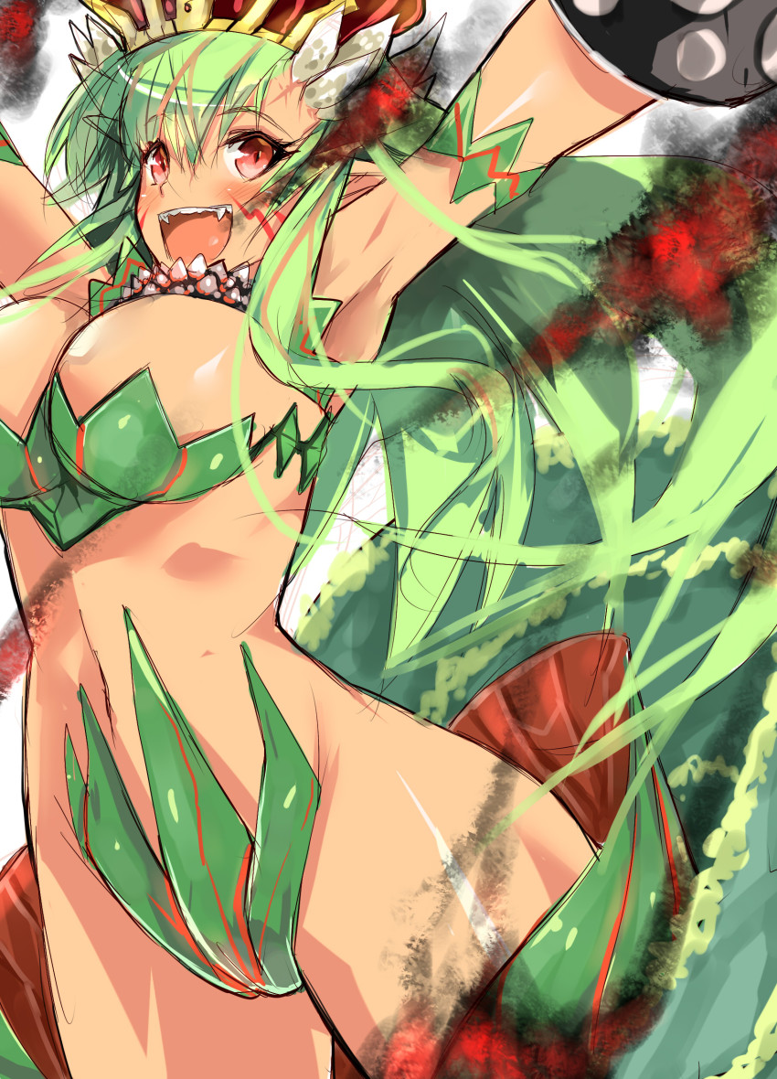 1girl absurdres armpits bracelet breasts capcom cleavage crown deviljho female_focus green_hair highres jewelry midriff monster_girl monster_hunter_(series) red_eyes revealing_clothes solo spiked_bracelet spikes