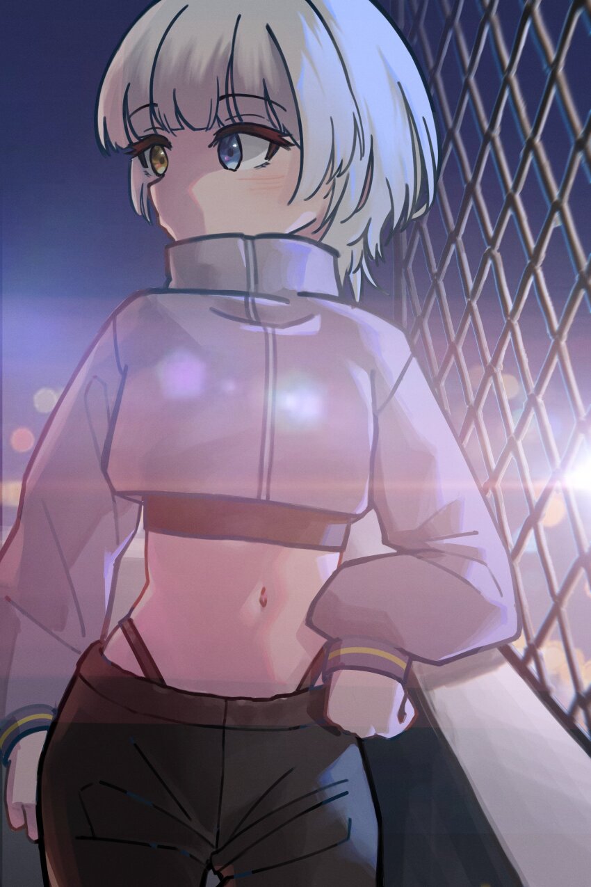 1girl absurdres bang_dream! bang_dream!_it&#039;s_mygo!!!!! black_pants blue_eyes blush chain-link_fence commentary cowboy_shot crop_top fence heterochromia highleg highleg_panties highres jacket kaname_raana lens_flare long_sleeves midriff navel nekohige0123 panties pants short_hair solo symbol-only_commentary underwear white_hair white_jacket yellow_eyes