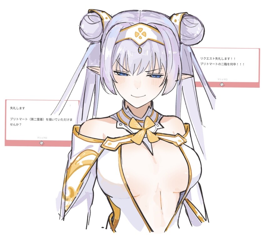 1girl bare_shoulders blue_eyes blush breasts britomart_(fate) britomart_(second_ascension)_(fate) capelet center_opening cleavage double_bun dress elbow_gloves fate/grand_order fate_(series) gloves gold_trim grey_hair hair_bun hairband highres large_breasts long_hair looking_at_viewer nyokinyoki_18 pointy_ears smile solo taut_clothes taut_dress twintails white_capelet white_dress white_gloves