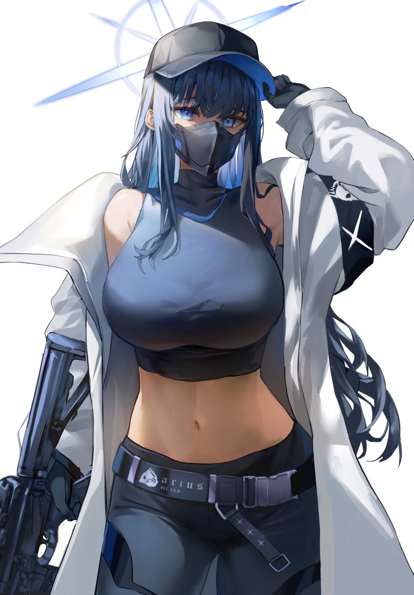 1girl absurdres armband assault_rifle bad_id bad_twitter_id bare_shoulders baseball_cap belt black_belt black_gloves black_hair black_hat black_mask black_pants black_shirt blue_archive blue_eyes blue_hair breasts coat commentary crop_top dasha gloves gun halo hat highres holding holding_unworn_clothes holding_hat holding_unworn_clothes holding_weapon jacket large_breasts long_hair looking_at_viewer mask midriff mouth_mask navel off_shoulder pants revision rifle saori_(blue_archive) shirt sidelocks sig_516 sig_sauer simple_background sleeveless sleeveless_shirt solo stomach weapon white_background white_coat white_jacket