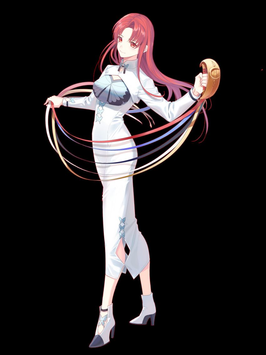 1girl absurdres animal_print bell butterfly_print cardcaptor_sakura full_body high_heels highres ktsis long_hair mizuki_kaho red_eyes red_hair ribbon smile solo transparent_background