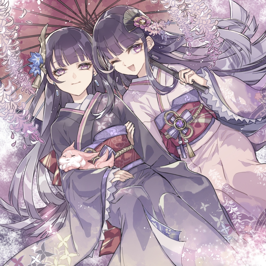 2girls :d animal_on_arm blunt_bangs closed_mouth commentary_request earrings flower genshin_impact hair_down hair_flowing_over hair_ornament happy highres holding holding_another&#039;s_arm holding_umbrella japanese_clothes jewelry kanai23831347 long_hair looking_at_viewer makoto_(genshin_impact) mole mole_under_eye multiple_girls oil-paper_umbrella one_eye_closed open_mouth purple_background purple_eyes purple_hair raiden_shogun siblings sisters sitting smile twins umbrella wisteria yae_miko yae_miko_(fox)