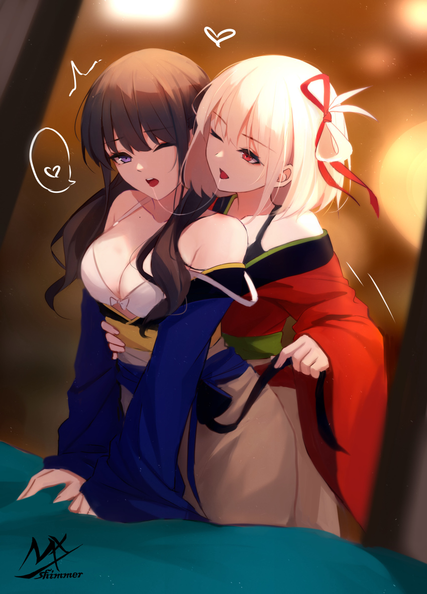 2girls ^^^ absurdres black_bra black_hair blonde_hair blue_kimono bow bow_bra bra breasts cleavage commentary_request grey_hakama hair_between_eyes hair_ribbon hakama hakama_skirt heart highres inoue_takina japanese_clothes kimono long_sleeves lycoris_recoil medium_breasts multiple_girls nishikigi_chisato off_shoulder one_eye_closed purple_eyes red_eyes red_kimono red_ribbon ribbon saliva saliva_trail shimmer skirt sleeves_past_wrists spoken_heart tongue tongue_out underwear white_bra wide_sleeves yuri