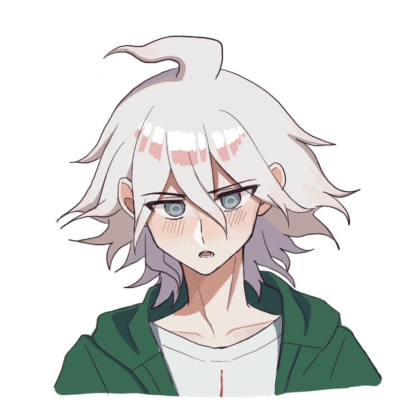 1boy ahoge blush collarbone cropped_shoulders d: danganronpa_(series) danganronpa_2:_goodbye_despair green_jacket hair_between_eyes hati3bunbun highres jacket komaeda_nagito male_focus messy_hair open_clothes open_jacket open_mouth shirt solo teeth tongue white_background white_shirt