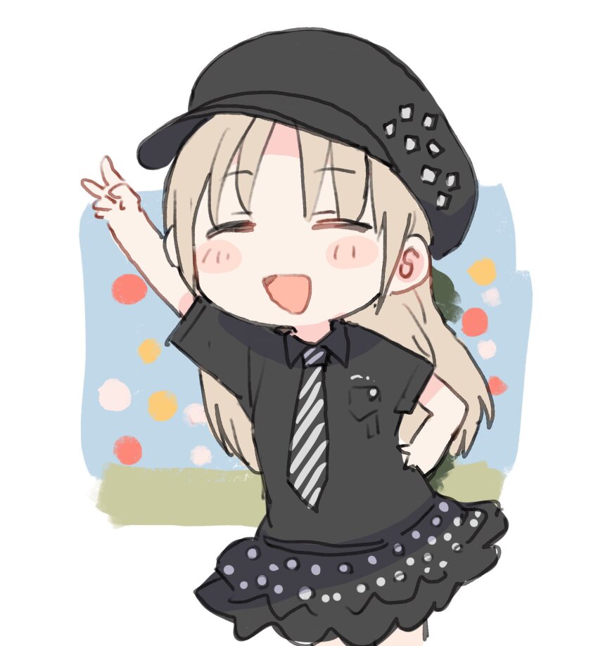 1girl :d =_= black_hat black_shirt black_skirt blue_necktie blush blush_stickers cabbie_hat chibi chibi_only closed_eyes collared_shirt diagonal-striped_clothes diagonal-striped_necktie hand_on_own_hip hashtag-only_commentary hat highres light_brown_hair long_hair miniskirt necktie nijisanji open_mouth polka_dot polka_dot_skirt shirt short_sleeves sister_claire skirt smile solo straight_hair striped_clothes taneda_yuuta v virtual_youtuber