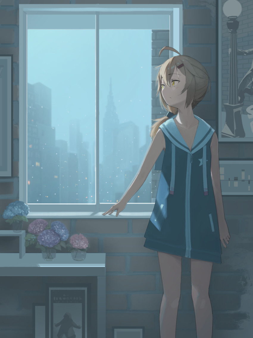 1girl :&lt; azur_lane bare_shoulders blonde_hair blue_track_suit brick_wall city city_lights commission dress flower hair_ornament hairclip highres indoors looking_outside maury_(azur_lane) painting_(object) ponytail rain sailor_collar sailor_dress skeb_commission sleeveless sleeveless_dress smog solo star_(symbol) track_suit wall white_sailor_collar window yellow_eyes yohia zipper zipper_pull_tab