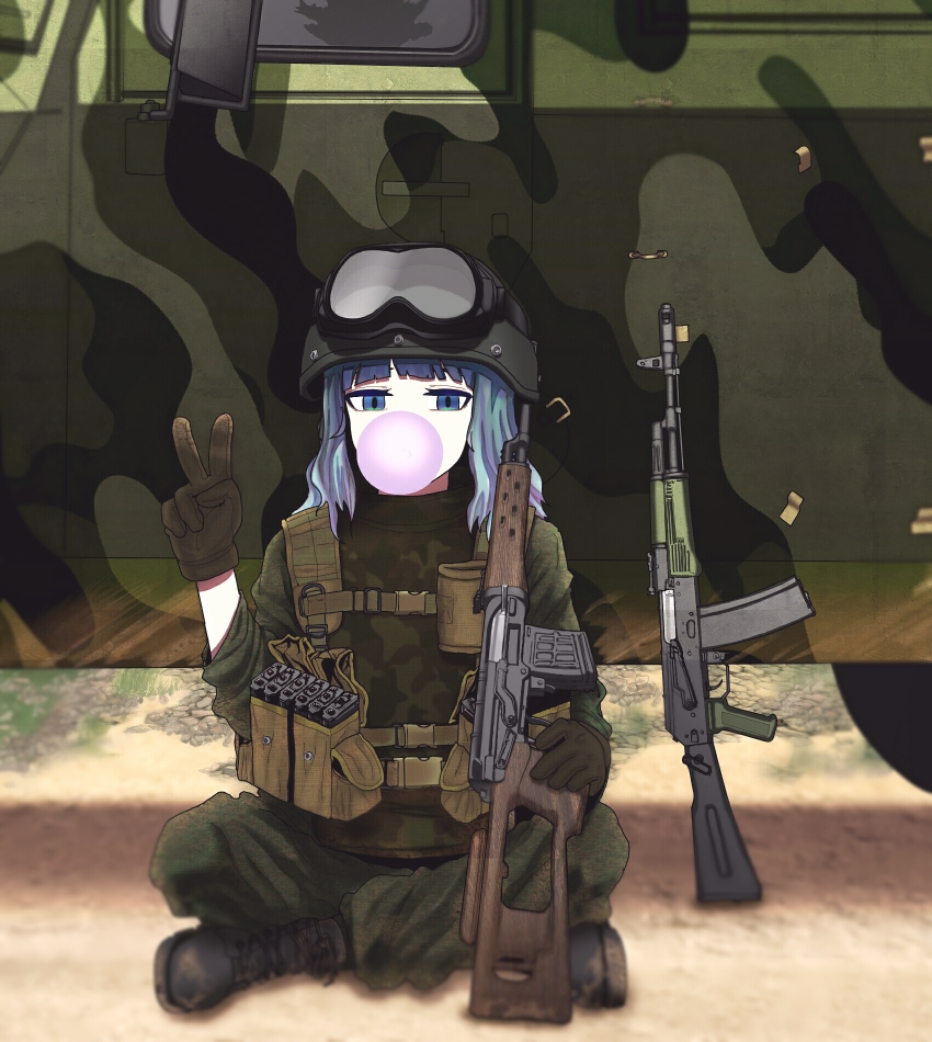 1girl ak-74 assault_rifle blowing_bubbles blue_eyes blue_hair boots camouflage chewing_gum commentary english_commentary female_focus gloves goggles goggles_on_headwear gun helmet highres indian_style kalashnikov_rifle load_bearing_equipment looking_at_viewer military military_combat_uniform military_uniform original outdoors rifle robota81 sitting solo v vehicle weapon weapon_request