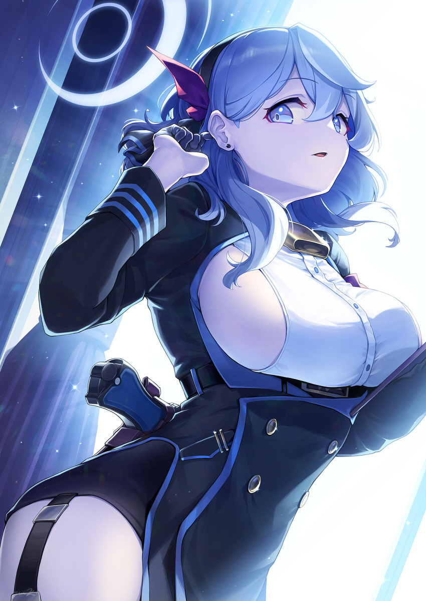 ako_(blue_archive) black_coat blue_archive blue_eyes blue_hair breasts coat ear_piercing gun gun_on_back halo highres large_breasts looking_at_viewer medium_hair muted_color piercing red_ribbon ribbon sideboob thighs weapon weapon_on_back yuiko_(yuiyuiko_108)