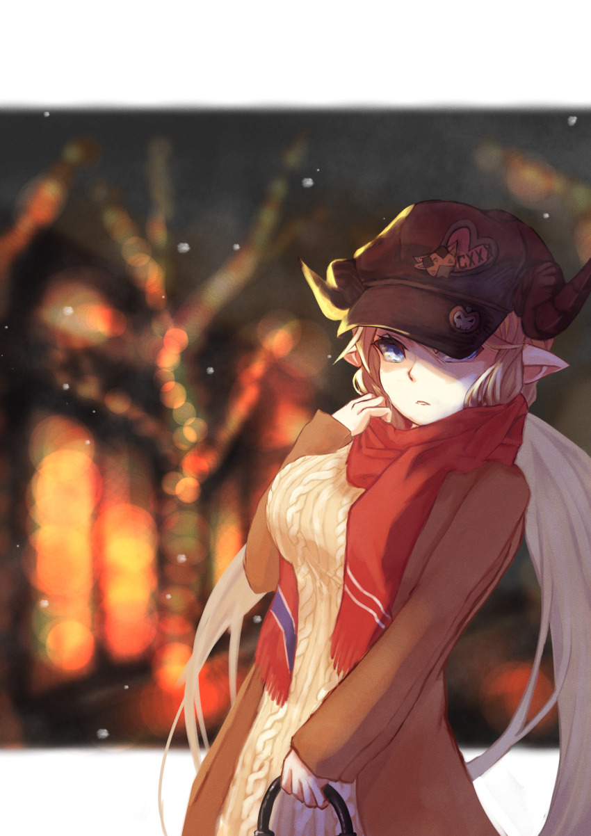 1girl absurdres bag blonde_hair blue_eyes blurry bokeh brown_coat brown_hat coat depth_of_field elsie granblue_fantasy hallessena hat highres holding holding_bag horns long_hair looking_at_viewer parted_lips pointy_ears red_scarf scarf snow solo sweater upper_body very_long_hair winter