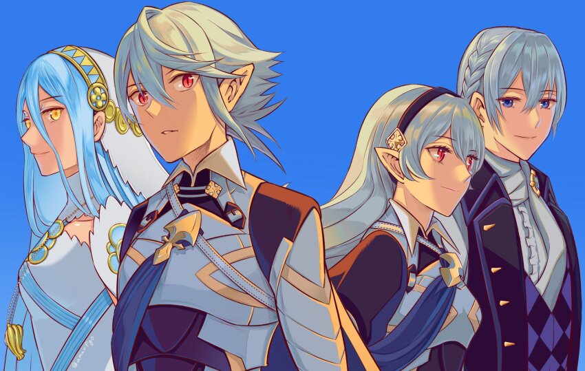 2boys 2girls amatari_sukuzakki armor azura_(fire_emblem) black_hairband blue_background blue_hair closed_mouth commentary_request corrin_(female)_(fire_emblem) corrin_(fire_emblem) corrin_(male)_(fire_emblem) detached_collar dress fire_emblem fire_emblem_fates grey_hair hair_between_eyes hairband highres jakob_(fire_emblem) jewelry looking_at_viewer multiple_boys multiple_girls necklace nintendo pointy_ears purple_eyes red_eyes short_hair simple_background slit_pupils smile veil white_dress yellow_eyes