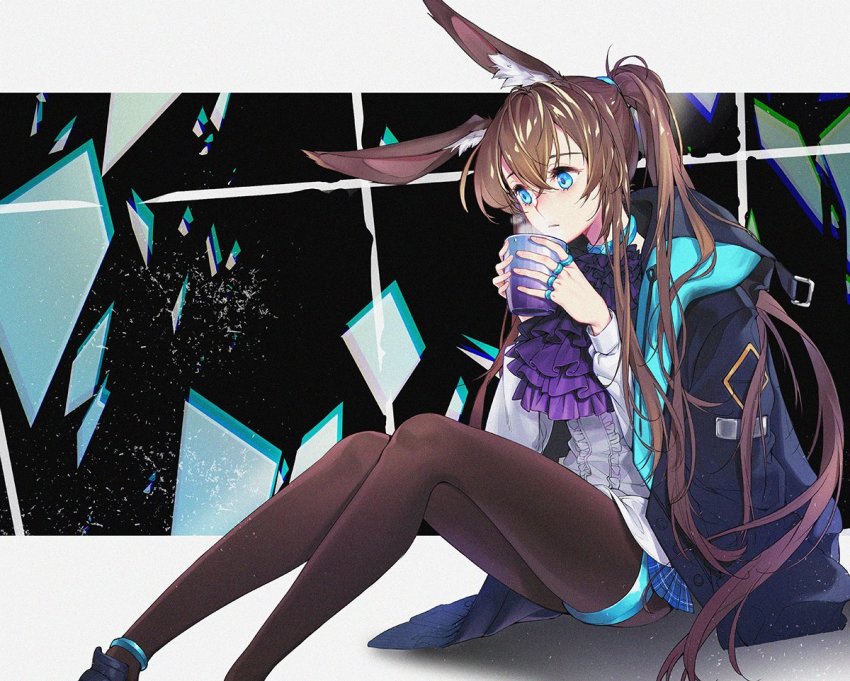 1girl amiya_(arknights) animal_ear_fluff animal_ears anklet arknights artist_name bad_id bad_twitter_id black_jacket black_pantyhose blue_eyes brown_hair commentary cup feet_out_of_frame grey_background hair_between_eyes holding holding_cup jacket jacket_on_shoulders jewelry long_hair long_sleeves messy_hair neck_ring pantyhose ponytail purple_neckwear rabbit_ears ring shadow shirt sitting solo very_long_hair white_shirt xxinainaxx