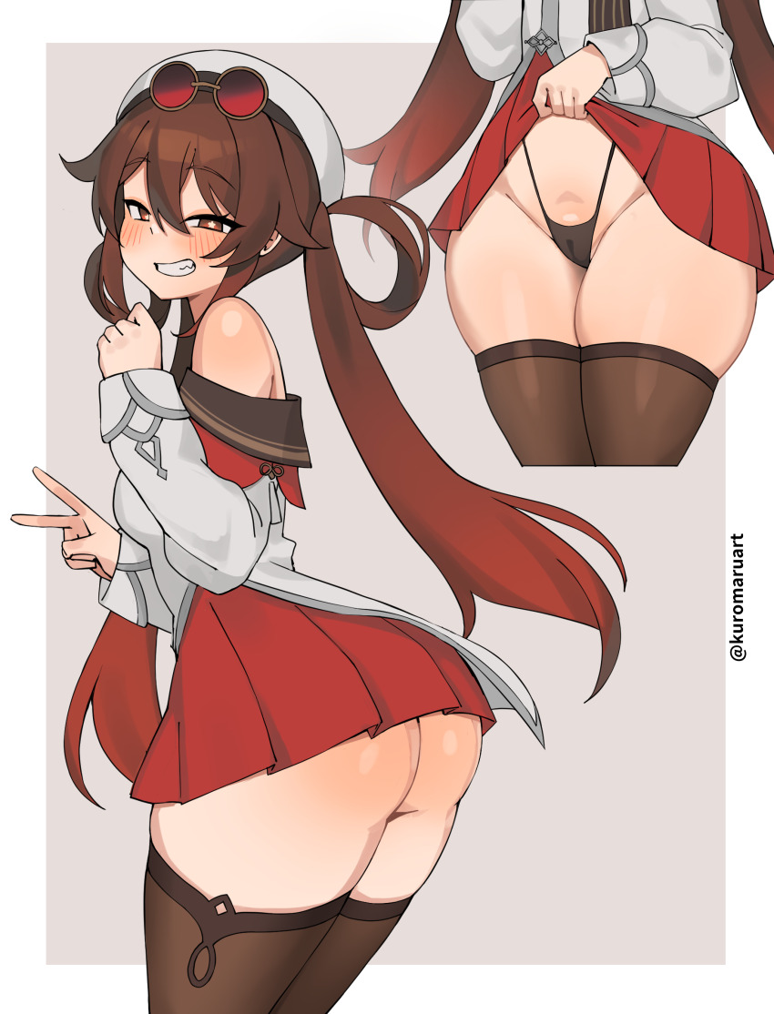 1girl ass black_panties black_thighhighs blush brown_hair cameltoe clothes_lift dress dress_lift eyewear_on_head g-string genshin_impact grin hat highleg highleg_panties hu_tao_(cherries_snow-laden)_(genshin_impact) hu_tao_(genshin_impact) kuromaruart long_hair long_sleeves looking_at_viewer panties simple_background smile sunglasses symbol-shaped_pupils thighhighs thong underwear v white_hat