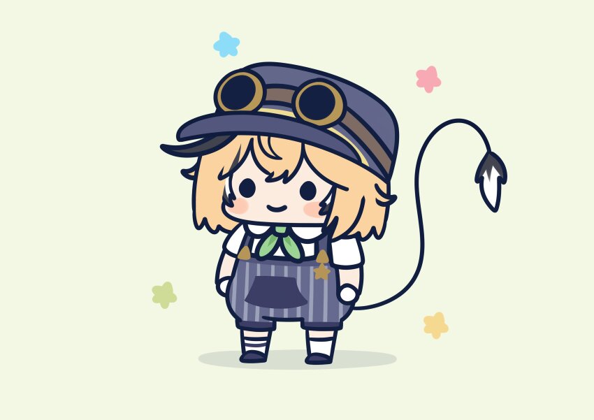 absurdres black_eyes blonde_hair blue_footwear blue_hat blue_overalls blush chibi chibi_only dooby_(vtuber) double-parted_bangs full_body gloves goggles goggles_on_headwear green_background green_neckerchief hat highres indie_virtual_youtuber legs_apart looking_ahead mouse_girl mouse_tail neckerchief overalls phdpigeon shadow shirt short_hair short_sleeves simple_background smile socks solid_circle_eyes standing star_(symbol) striped_overalls tail three_quarter_view train_conductor vertical-striped_overalls virtual_youtuber white_gloves white_shirt white_socks