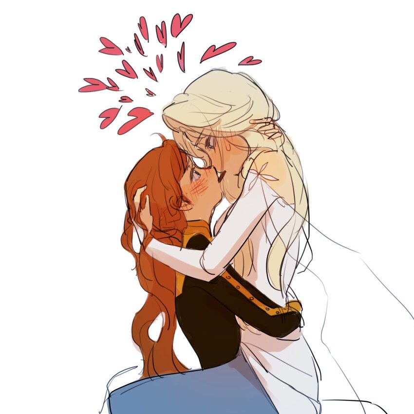 2girls anna_(frozen) black_shirt blonde_hair blue_skirt blush commentary_request dress ear_blush elsa_(frozen) eye_contact food food_in_mouth freckles from_side frozen_(disney) frozen_1022 hand_in_another&#039;s_hair hand_on_another&#039;s_back hand_on_another&#039;s_head heart highres incest korean_commentary long_hair looking_at_another multiple_girls orange_hair pocky pocky_in_mouth pocky_kiss profile shared_food shirt siblings simple_background sisters sitting sitting_on_lap sitting_on_person skirt white_background white_dress yuri