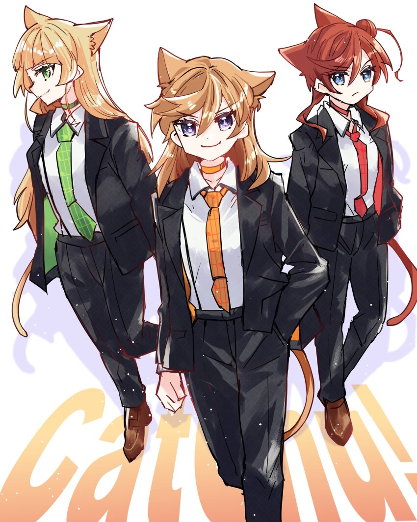 &gt;:( &gt;:) 3girls animal_ears black_suit blonde_hair blue_eyes blunt_bangs brown_hair brown_shoes cat_ears catchu!_(love_live!) choker closed_mouth collared_shirt commentary_request dress_shirt formal_clothes frown green_choker green_eyes green_necktie group_name hair_bun hand_in_pocket heanna_sumire highres jacket kanduki_kamibukuro kemonomimi_mode light_particles loafers long_hair long_sleeves looking_at_viewer love_live! love_live!_superstar!! multiple_girls necktie open_clothes open_jacket orange_choker orange_necktie pant_suit pants profile purple_eyes red_choker red_hair red_necktie shibuya_kanon shirt shoes short_hair_with_long_locks single_side_bun smile suit suit_jacket v-shaped_eyebrows walking white_background white_shirt yoneme_mei