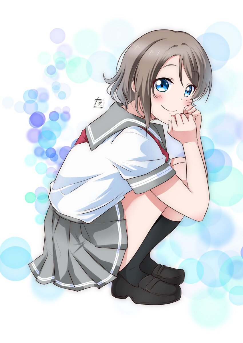 1girl birthday blue_eyes blush full_body grey_hair highres looking_at_viewer love_live! love_live!_sunshine!! miniskirt saitou_shuka school_uniform short_hair short_sleeves signature skirt smile solo squatting uranohoshi_school_uniform watanabe_you zero-theme