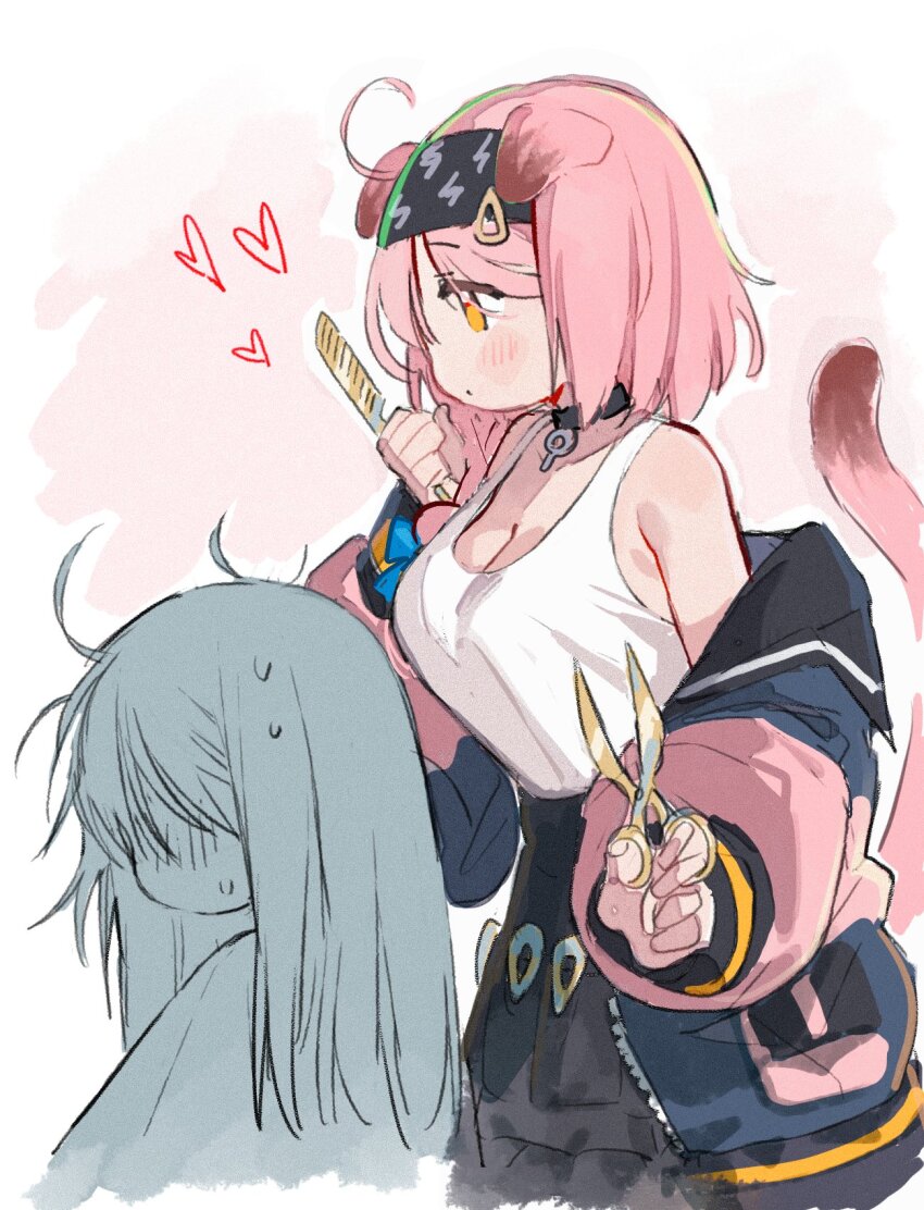 2girls animal_ears arknights black_choker black_hairband black_skirt blush braid breasts cat_ears cat_girl cat_tail choker cleavage closed_mouth from_side goldenglow_(arknights) grey_jacket hair_brush hair_ornament hairband hairclip hairdressing hand_up heart high-waist_skirt highres holding holding_hair_brush holding_scissors jacket jacket_partially_removed kkaebing large_breasts lightning_bolt_print long_hair multicolored_jacket multiple_girls off_shoulder pink_hair pink_jacket scissors side_braid skirt sweatdrop tail tank_top white_background white_tank_top yellow_eyes