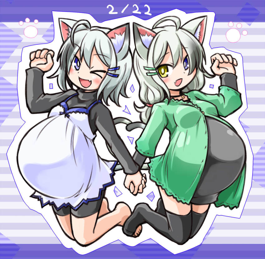 &gt;_o 2girls animal_ears barefoot big_belly bike_shorts blue_eyes cat_day cat_ears cat_tail dated dress fang hair_ornament hairclip holding_hands highres jewelry jumping kugelschreiber multiple_girls necklace one_eye_closed original paw_pose pregnant silver_hair tail thighhighs turtleneck yellow_eyes