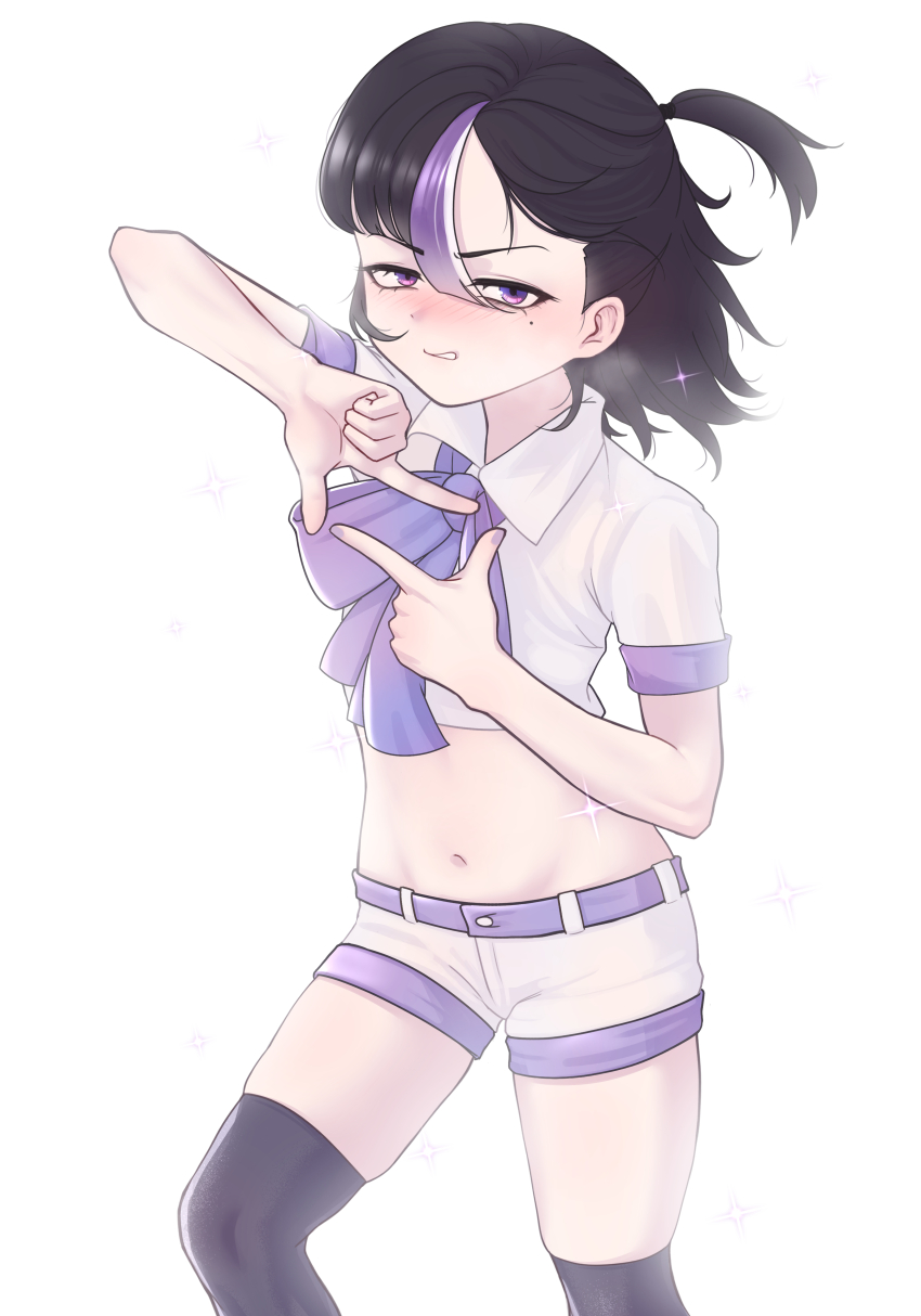 1girl absurdres black_hair black_thighhighs blush cchiii collared_shirt cropped_shirt finger_frame goddess_of_victory:_nikke highres multicolored_hair navel neck_ribbon purple_eyes purple_hair purple_ribbon ribbon shirt short_hair short_shorts shorts solo syuen_(nikke) thighhighs white_hair white_shirt white_shorts