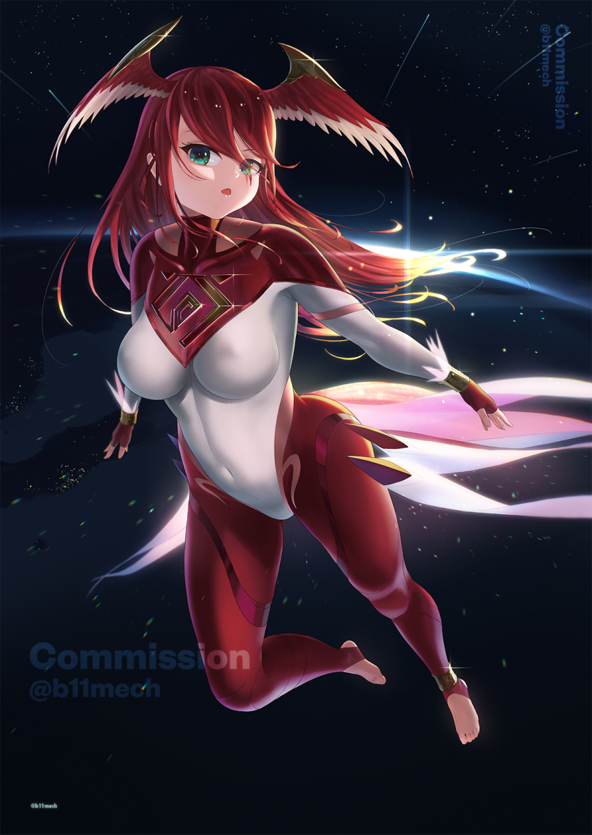 1girl barefoot beleven bird_girl bird_tail bird_wings covered_navel earth_(planet) feathered_wings fingerless_gloves full_body gloves green_eyes head_wings highres kemono_friends long_hair looking_at_viewer planet red_eyes solo space spacesuit straight_hair suzaku_(kemono_friends) tail wings