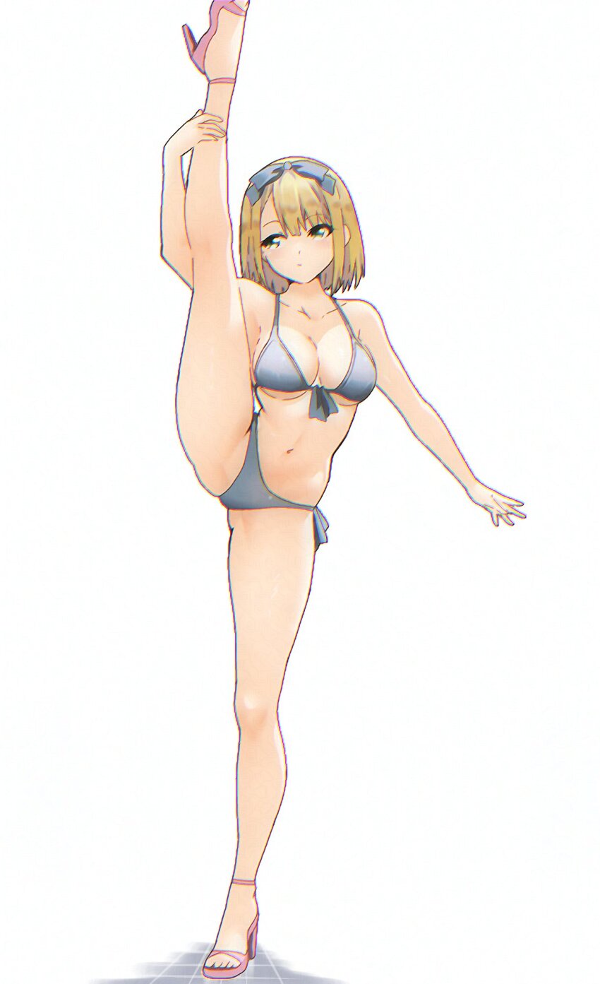 1girl 22/7 balancing bare_shoulders bikini blonde_hair blue_bikini blue_bow blue_hairband bow bow_hairband breasts cleavage collarbone gabrieltenma77 green_eyes hair_bow hairband halterneck high_heels highres leg_up looking_to_the_side navel pink_footwear saito_nicole short_hair solo split standing standing_on_one_leg standing_split string_bikini swimsuit white_background