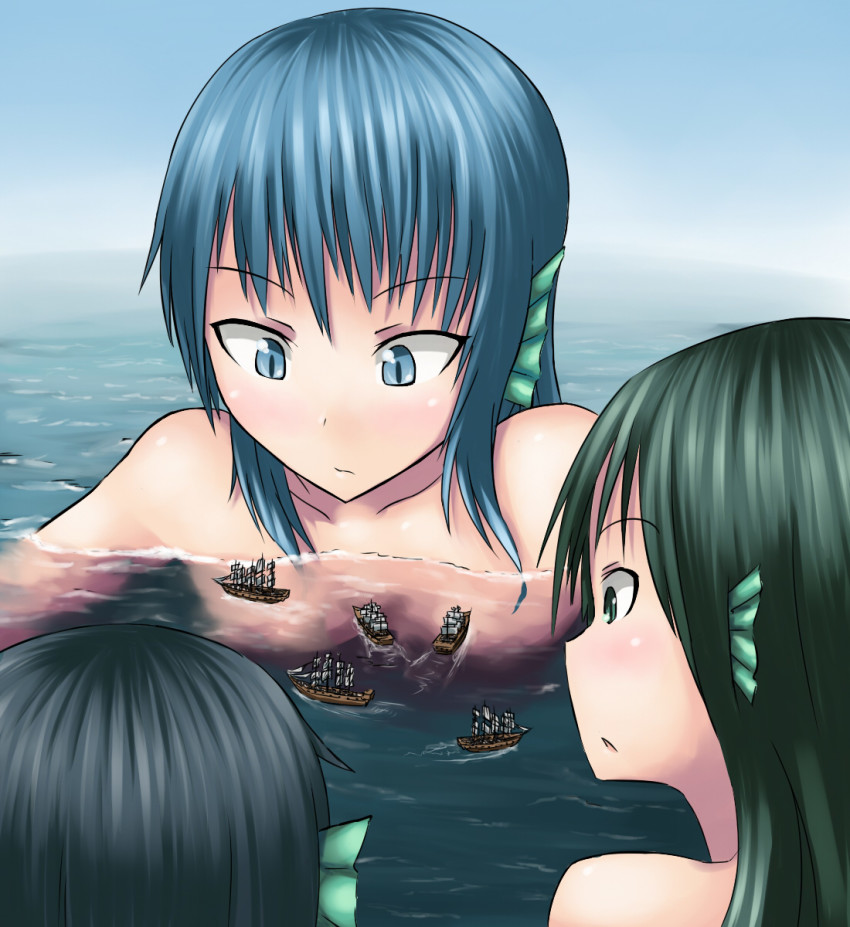 3girls blue_eyes blue_hair fins giant giantess green_eyes green_hair highres huge_giantess mermaid monster_girl multiple_girls source_request terada_ochiko