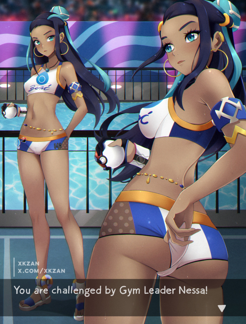 1girl aqua_hair ass bikini bikini_shorts black_hair blue_eyes breasts creatures_(company) dark-skinned_female dark_skin dialogue_box earrings english_text game_freak highres holding holding_poke_ball hoop_earrings jewelry medium_breasts multicolored_hair multiple_views navel nessa_(pokemon) nintendo poke_ball pokemon pokemon_swsh shorts sports_bra stomach streaked_hair swimsuit xkzan