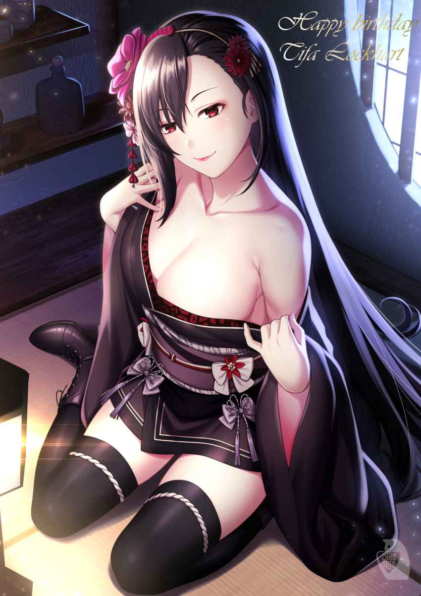 1girl black_hair black_kimono black_thighhighs boots bottle breasts cleavage closed_mouth collarbone final_fantasy final_fantasy_vii final_fantasy_vii_remake flower hair_flower hair_ornament happy_birthday highres japanese_clothes kimono large_breasts light_particles obi off_shoulder official_alternate_costume on_floor red_eyes revision sash shelf sitting smile solo tatami thighhighs thighs tifa_lockhart tifa_lockhart_(exotic_dress) wide_sleeves zaregoto_tsukai_no_deshi