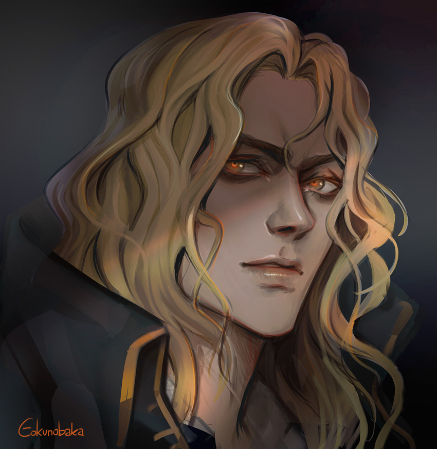 1boy alucard_(castlevania) black_background blonde_hair castlevania_(netflix) castlevania_(series) closed_mouth collared_jacket commentary english_commentary glowing glowing_eyes gokunobaka high_collar highres jacket long_hair looking_to_the_side male_focus portrait sideways_glance solo thick_eyebrows twitter_username upper_body wavy_hair