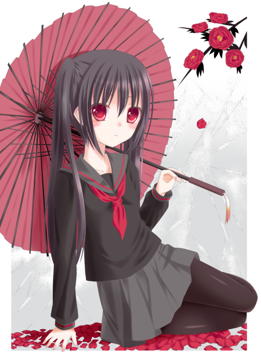 1girl absurdres bad_id bad_pixiv_id black_hair female_focus flower highres ikeda_yuuki oil-paper_umbrella original pantyhose petals red_eyes school_uniform serafuku sollo solo twintails umbrella