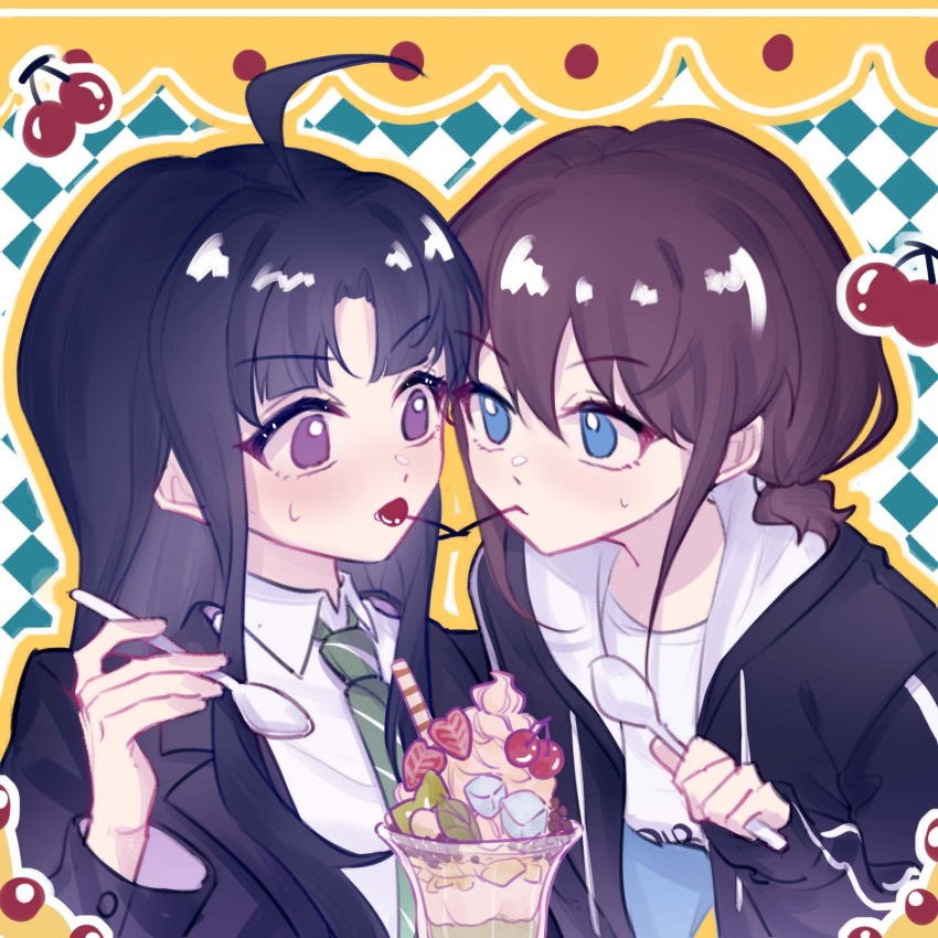 2girls ahoge artist_request awa_subaru black_hair black_jacket blue_eyes brown_hair cherry collared_shirt commission diagonal-striped_clothes diagonal-striped_necktie eye_contact food food_in_mouth fruit girls_band_cry green_necktie highres holding holding_spoon iseri_nina jacket long_hair looking_at_another low_twintails multiple_girls necktie open_clothes open_jacket parfait parted_bangs purple_eyes second-party_source shared_food shirt short_hair short_twintails sidelocks spoon striped_clothes sweatdrop twintails upper_body white_shirt yuri