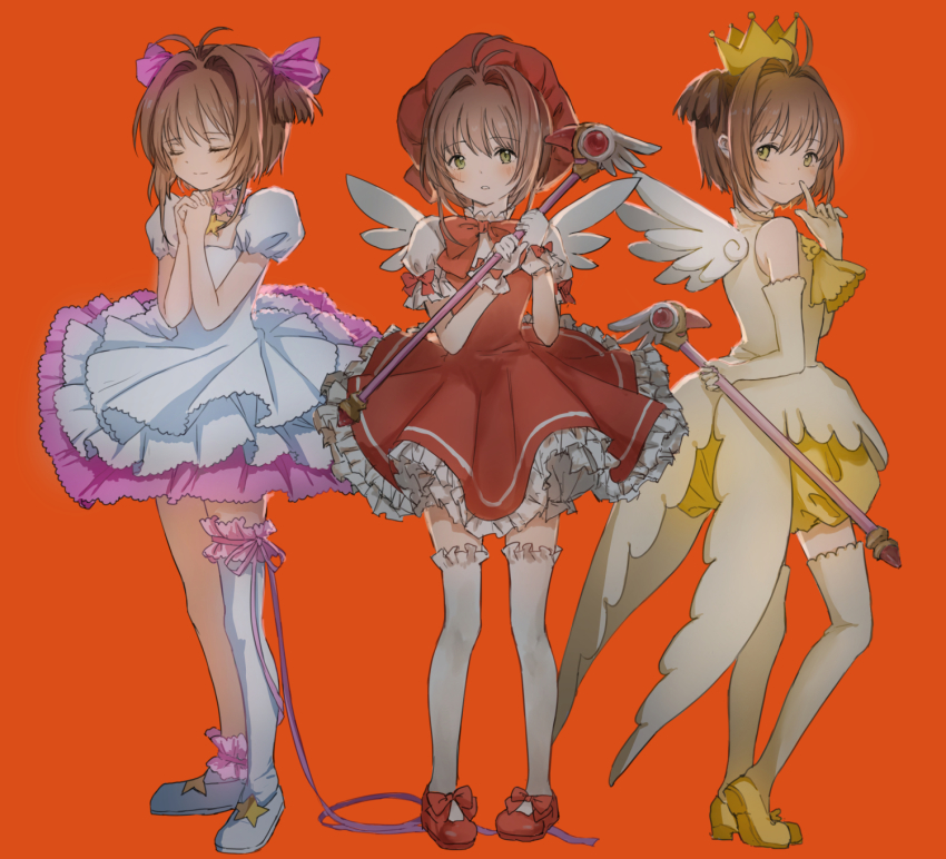 3girls blush bow brown_hair cardcaptor_sakura catzz child closed_eyes closed_mouth gloves green_eyes highres kinomoto_sakura magical_girl multiple_girls orange_background red_bow red_footwear smile variations wings