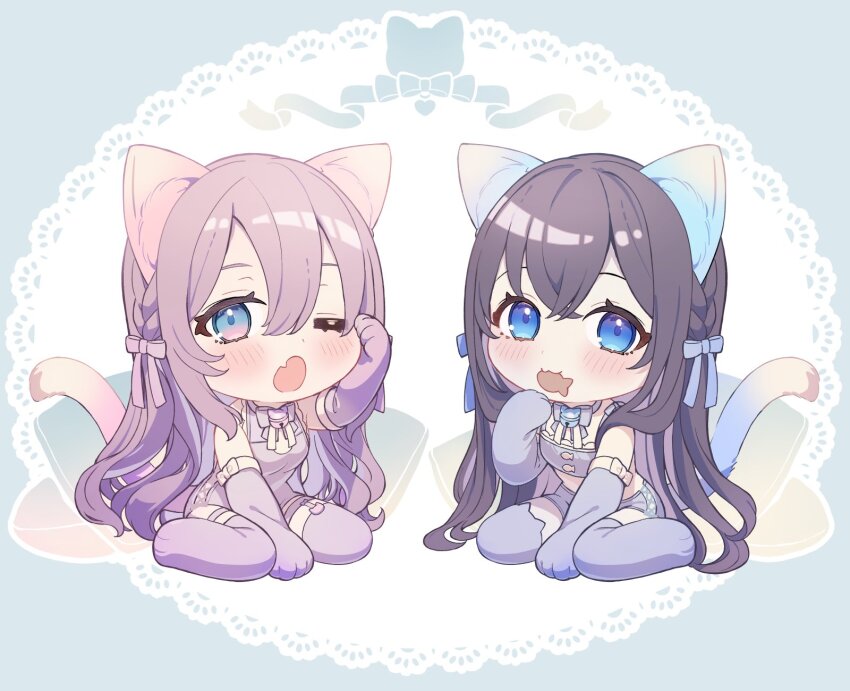 2girls :3 :o animal_ear_legwear animal_ears animal_hands aoto_neko bell black_hair blue_eyes bow braid cat_day cat_ear_legwear cat_ears cat_tail chibi chibi_only colored_inner_hair elbow_gloves fang fish gloves hair_bow highres jingle_bell kemonomimi_mode lace_trim long_hair mouth_hold multicolored_hair multiple_girls original paw_gloves purple_eyes purple_hair rubbing_eyes skin_fang tail thighhighs