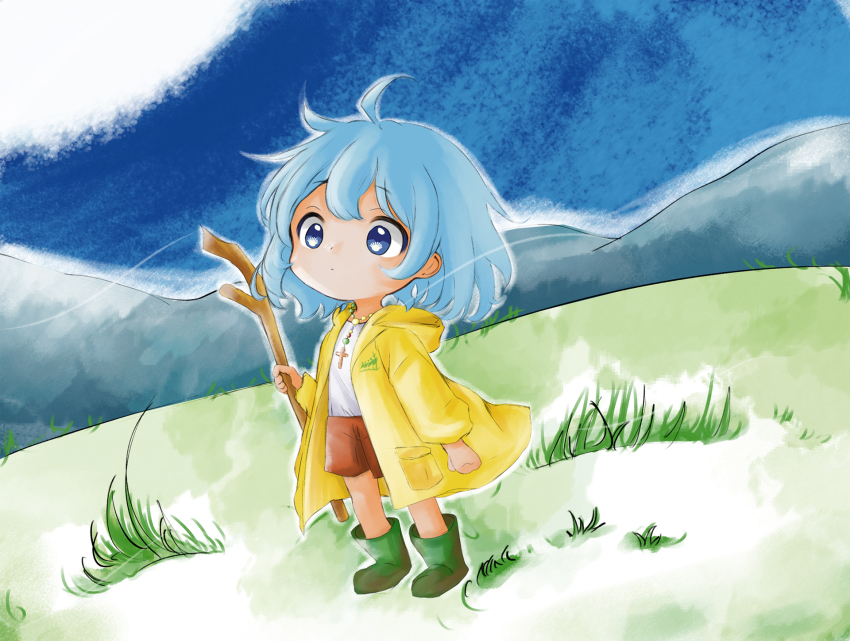 1girl ahoge blue_eyes blue_hair brown_shorts closed_mouth coat cross dot_mouth dot_nose grass green_footwear highres hill holding holding_staff hood hood_down hoodie jubilee_2025 latin_cross looking_to_the_side luce_(jubilee_2025) medium_hair mountain shirt shorts sketch_background solo staff taka_sakagami white_shirt wind yellow_coat